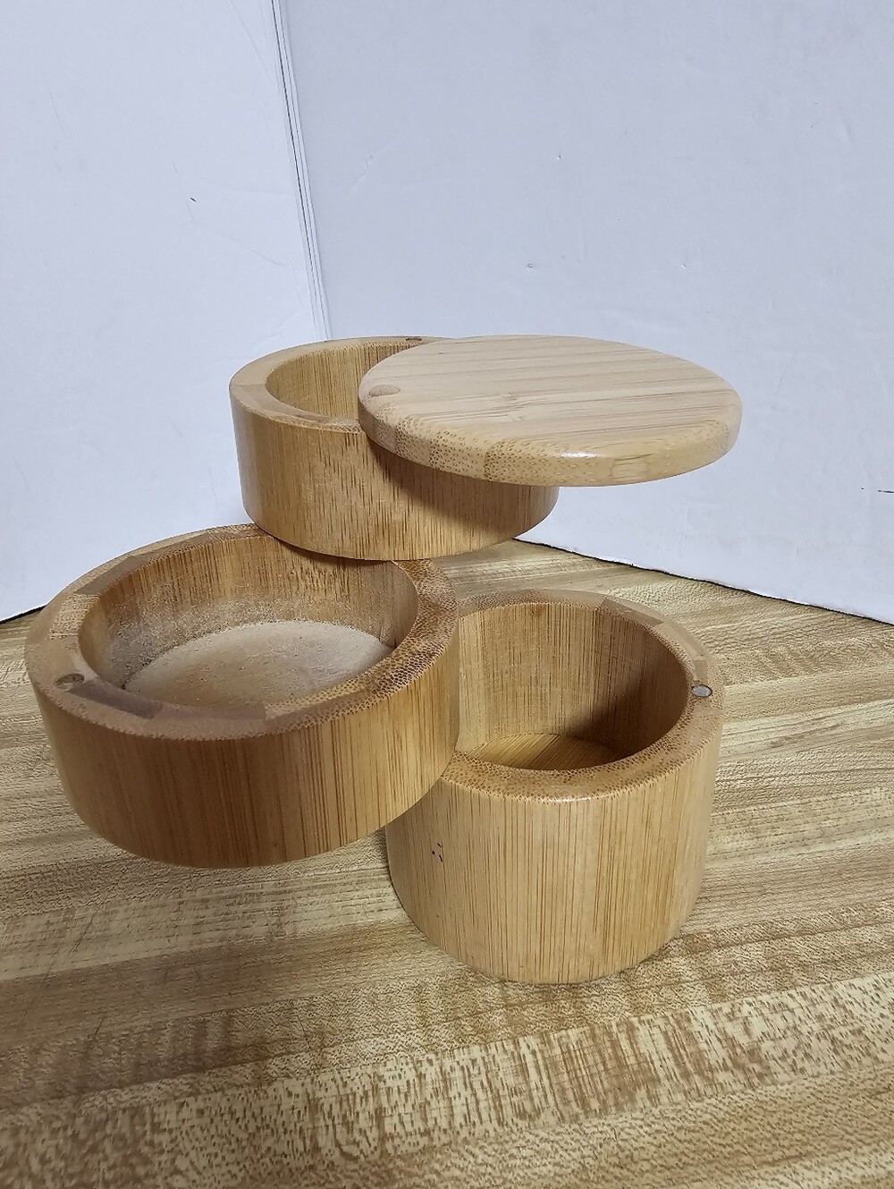 Bamboo 3 Tier Swivel Spice Box Salt Cellar Trinket Organizer With Lid Nice Fun